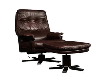 Leather swivel armchair with footstool, Denmark, 1970s