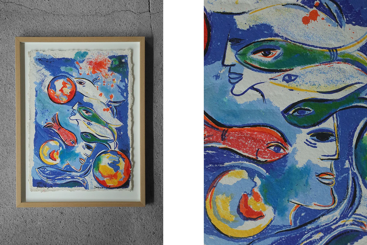 Colour lithograph, Dagmar Glemme, Composition with fish and faces
