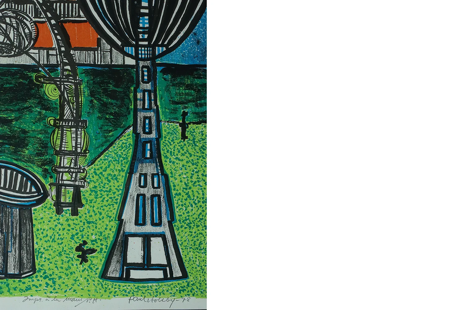 Color lithograph, Paul Holsby, House of Science, 1978