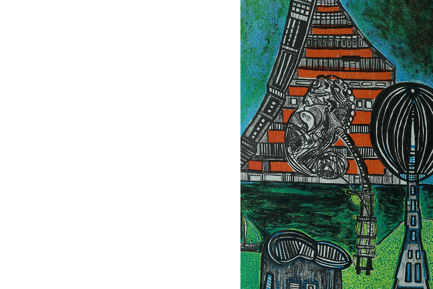 Color lithograph, Paul Holsby, House of Science, 1978