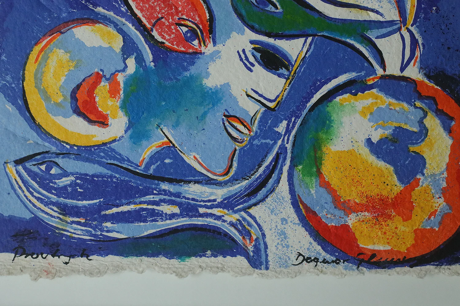 Colour lithograph, Dagmar Glemme, Composition with fish and faces