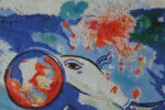 Colour lithograph, Dagmar Glemme, Composition with fish and faces