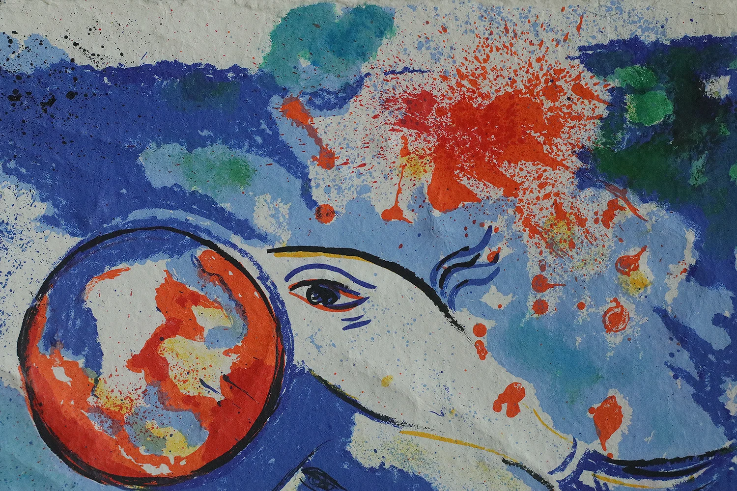 Colour lithograph, Dagmar Glemme, Composition with fish and faces