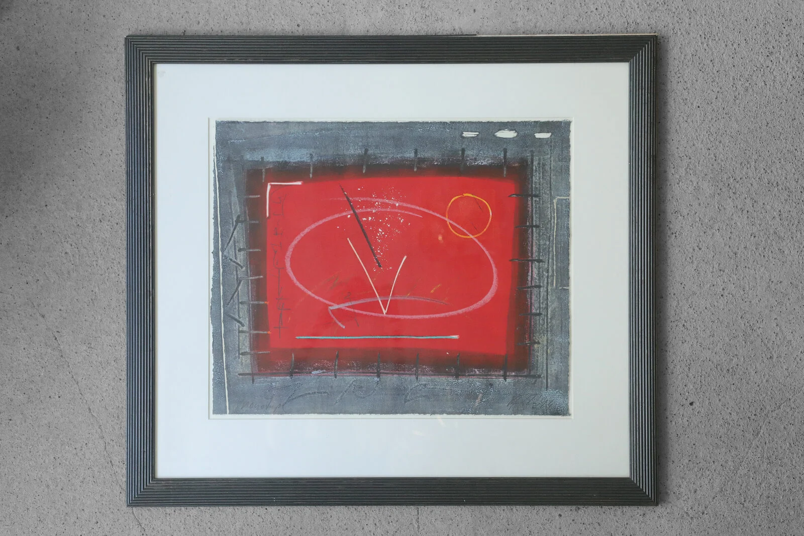 Colourful vintage lithograph, black-and-red composition, signed