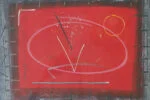 Colourful vintage lithograph, black-and-red composition, signed