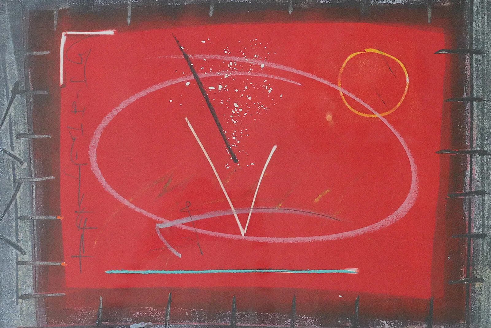 Colourful vintage lithograph, black-and-red composition, signed