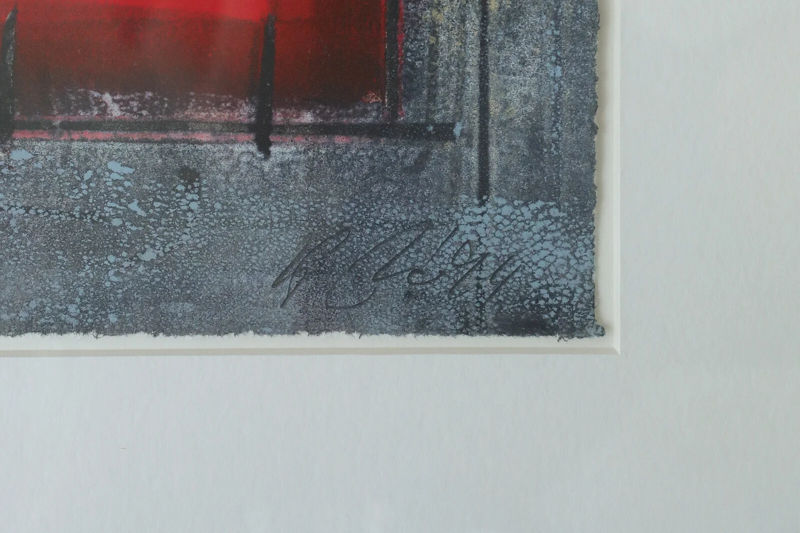 Colourful vintage lithograph, black-and-red composition, signed