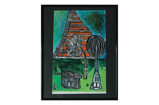 Color lithograph, Paul Holsby, House of Science, 1978