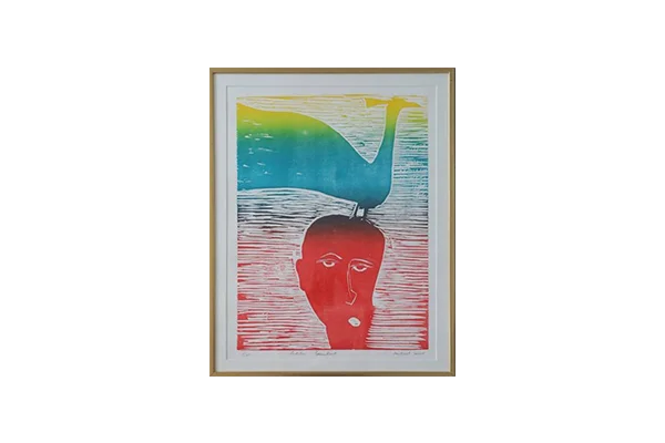 Colour woodcut, Michael Casford, Professor Brainbird