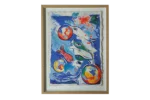 Colour lithograph, Dagmar Glemme, Composition with fish and faces