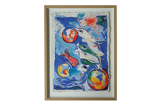 Colour lithograph, Dagmar Glemme, Composition with fish and faces