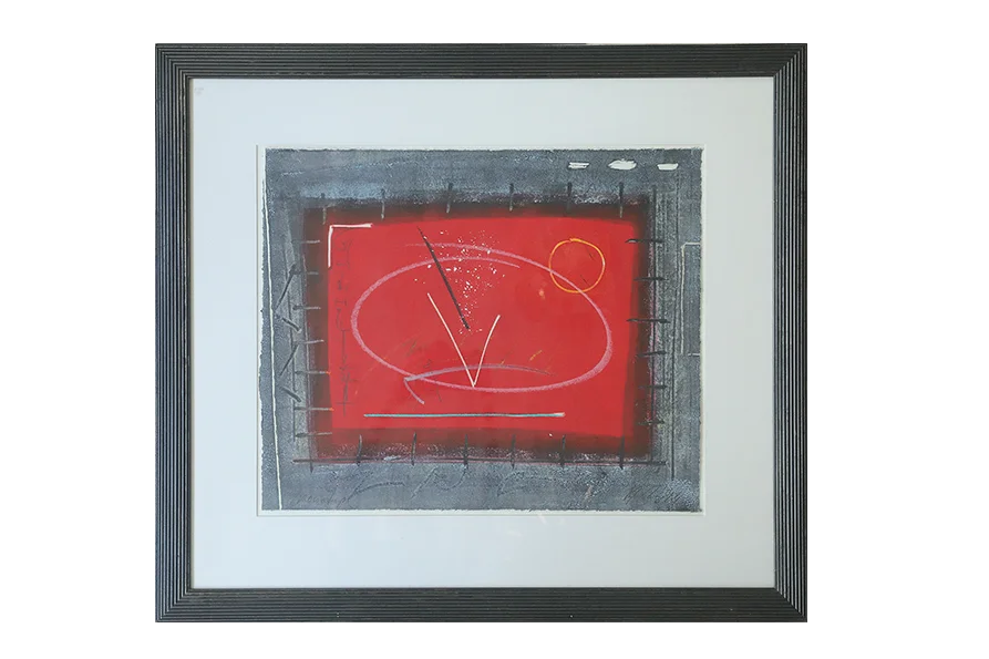 Colourful vintage lithograph, black-and-red composition, signed