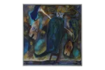 Acrylic painting on canvas, Annemette Lichtenberg, Blå, Brun M/Huse, 1993