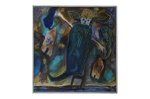 Acrylic painting on canvas, Annemette Lichtenberg, Blå, Brun M/Huse, 1993