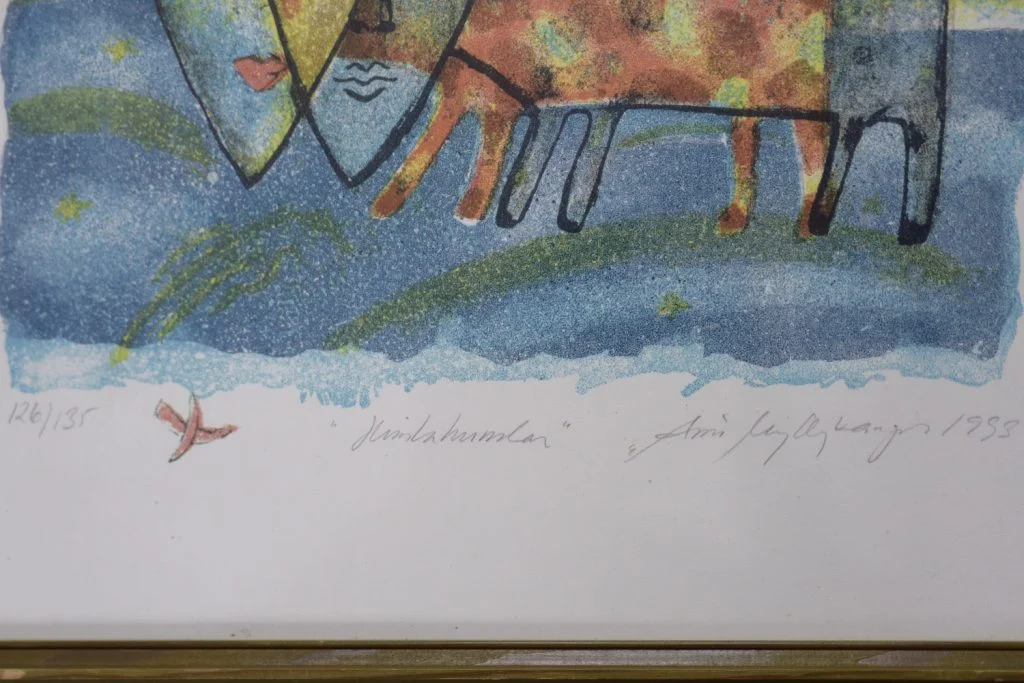 Colour lithograph, Aino Myllykangas, Heaven the dog, 1993