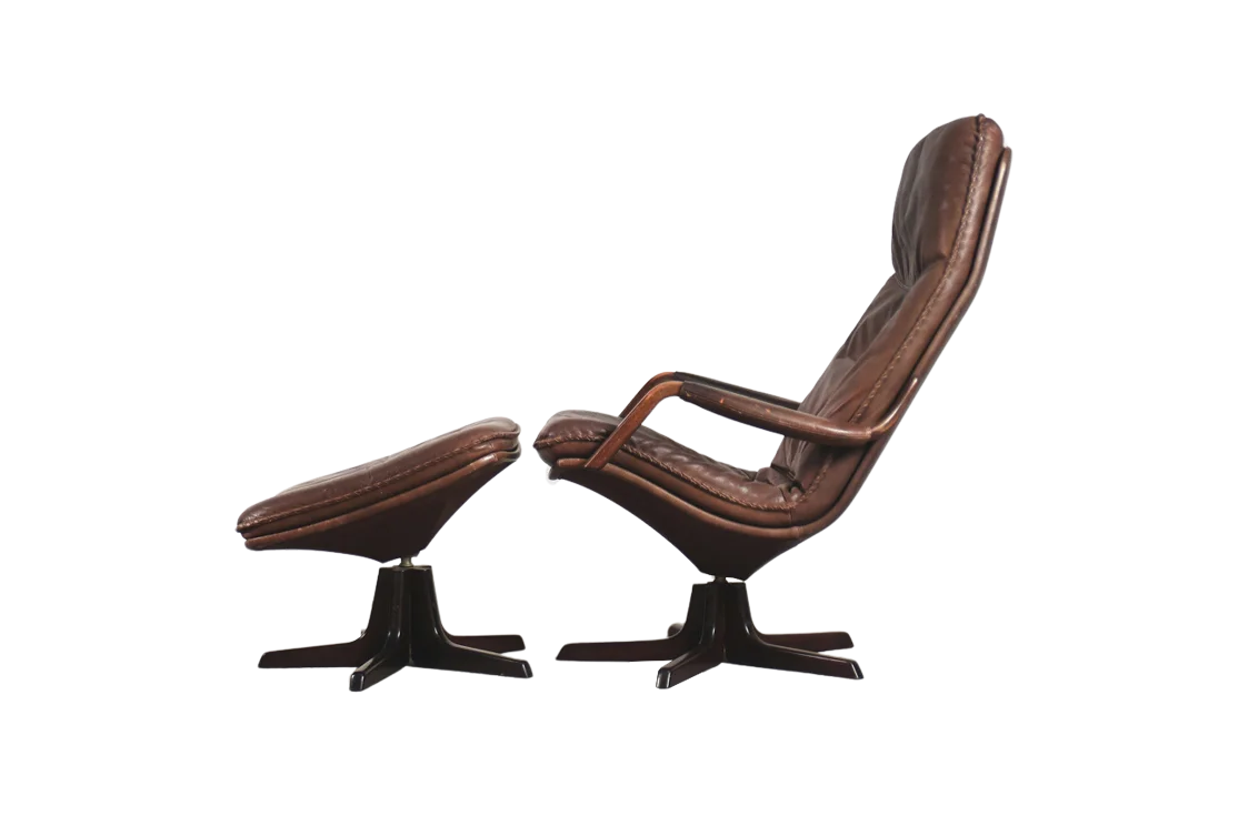 Leather armchair with footstool, Berg Furniture, Denmark, 1970s