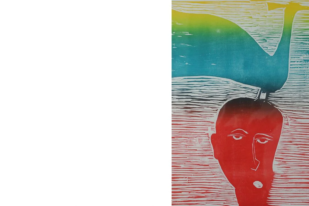 Colour woodcut, Michael Casford, Professor Brainbird