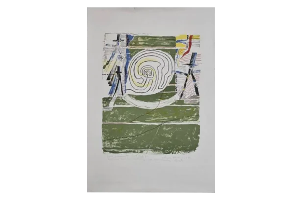 Colour lithograph, composition with figures, Jörgen Fogelqvist, 1977