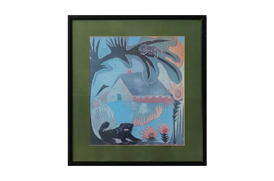 Vintage colour lithograph in the Primitive style