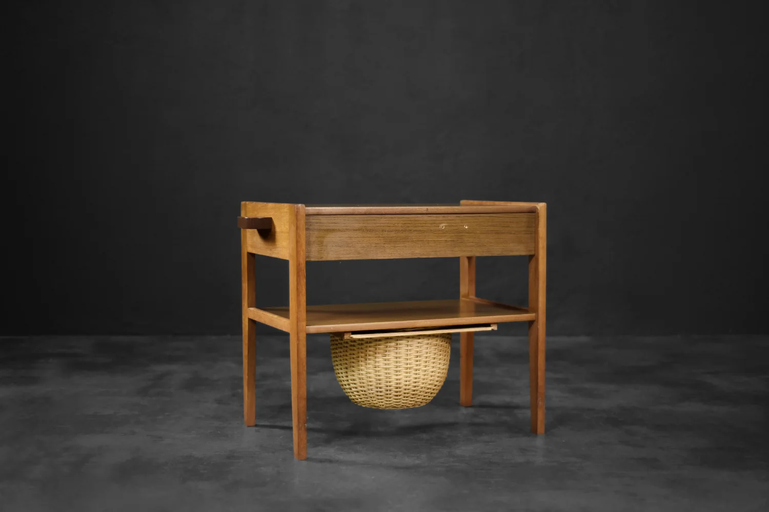 Teak table with drawer and woven basket, Denmark, 1960s