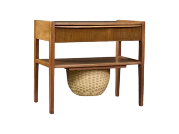 Teak table with drawer and woven basket, Denmark, 1960s