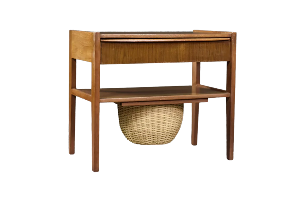 Teak table with drawer and woven basket, Denmark, 1960s