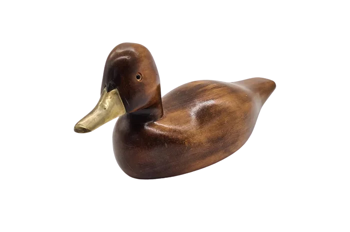 Hand-carved duck with brass and glass elements, Germany, 1960s/70s