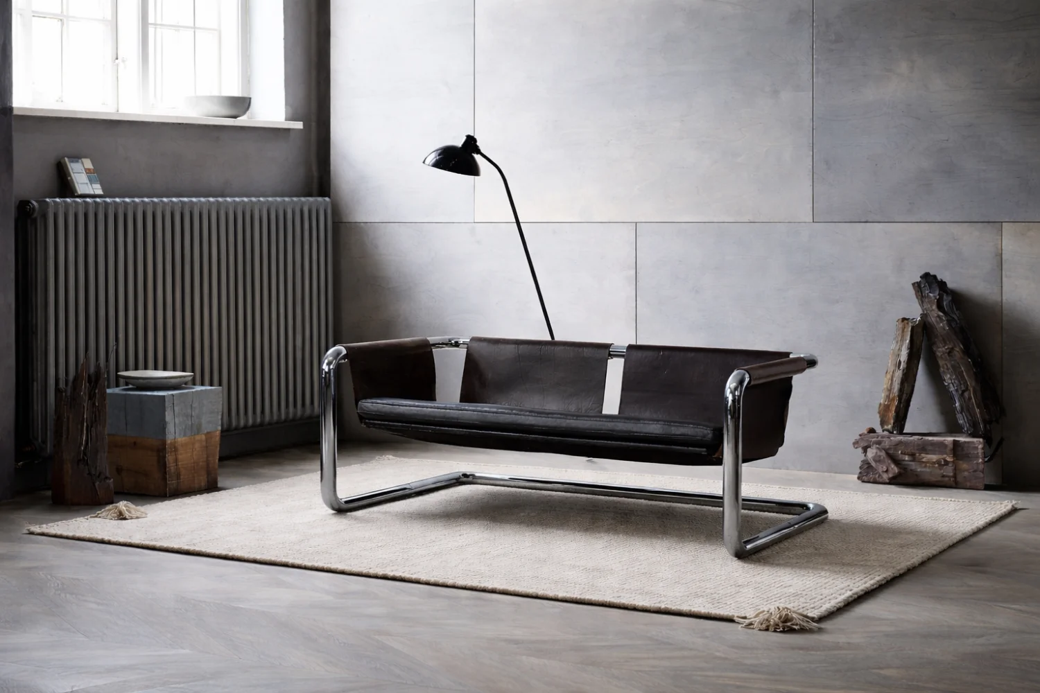 Brutalist leather sofa, 1950s