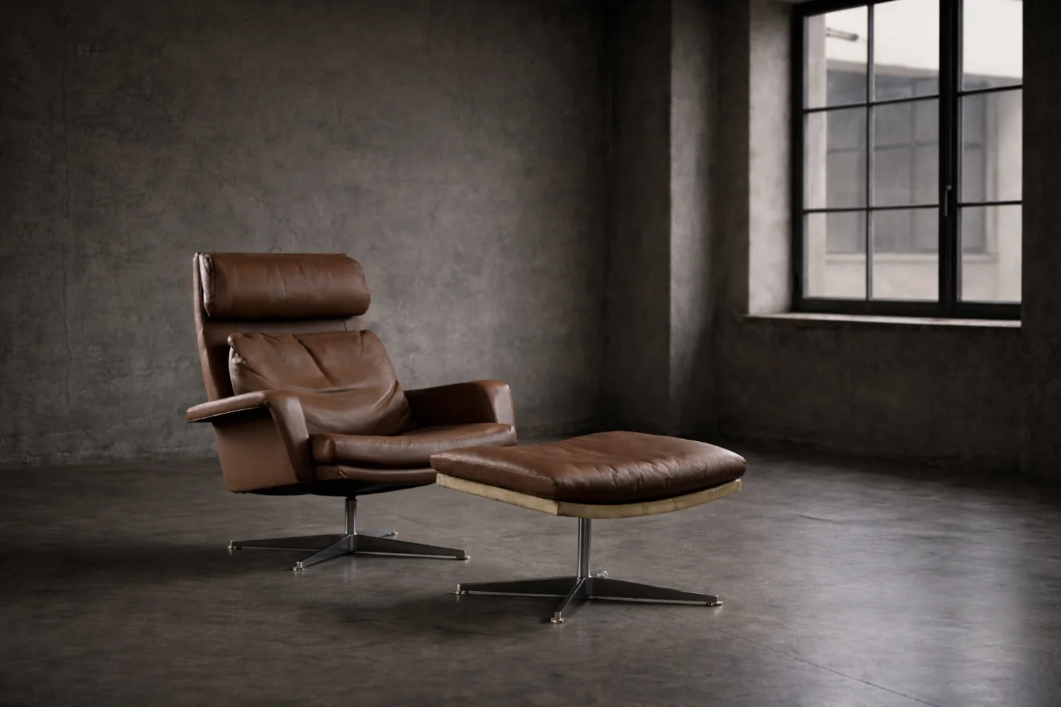 Leather swivel armchair with footstool, Denmark, 1970s
