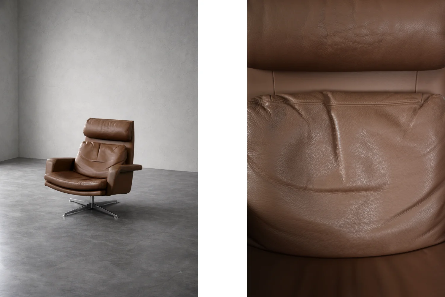 Leather swivel armchair with footstool, Denmark, 1970s