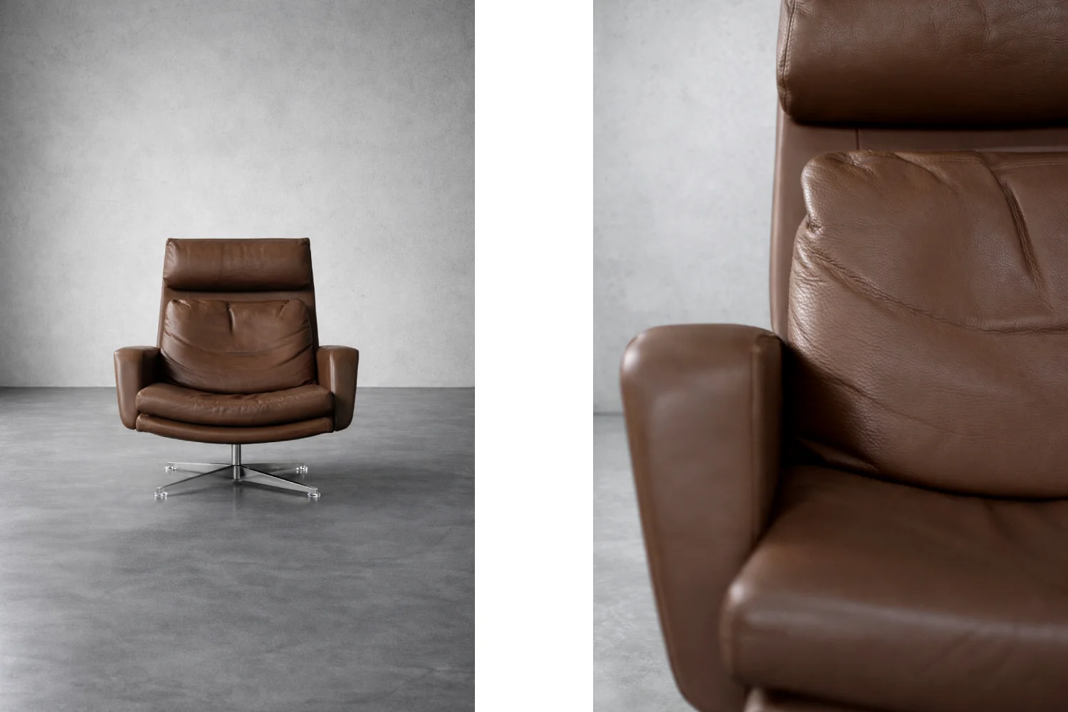 Leather swivel armchair with footstool, Denmark, 1970s