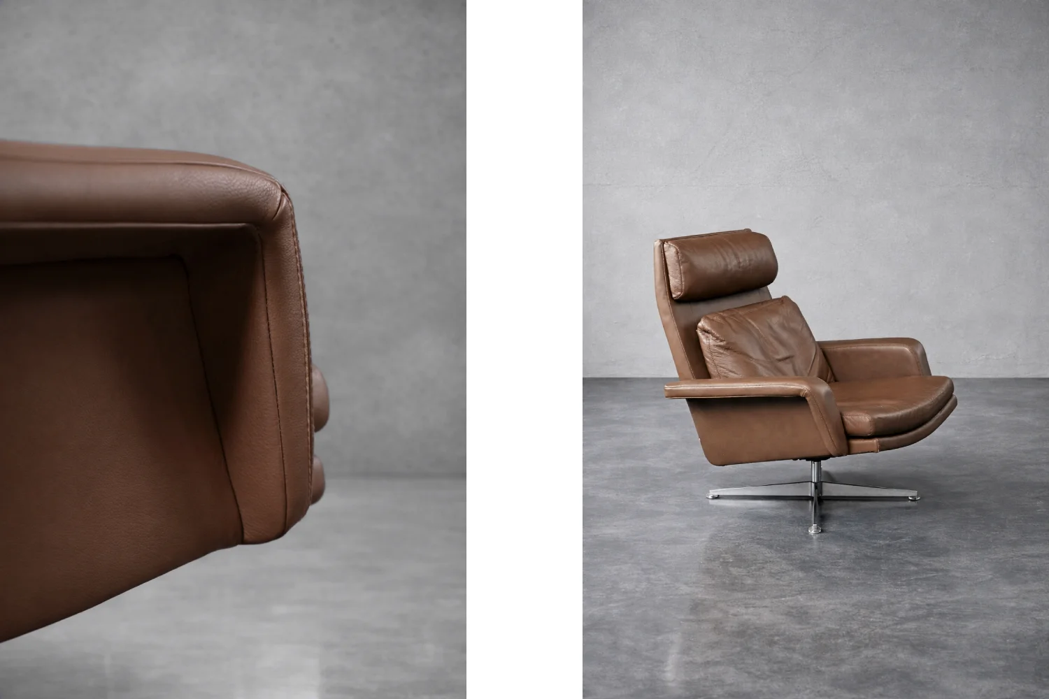 Leather swivel armchair with footstool, Denmark, 1970s