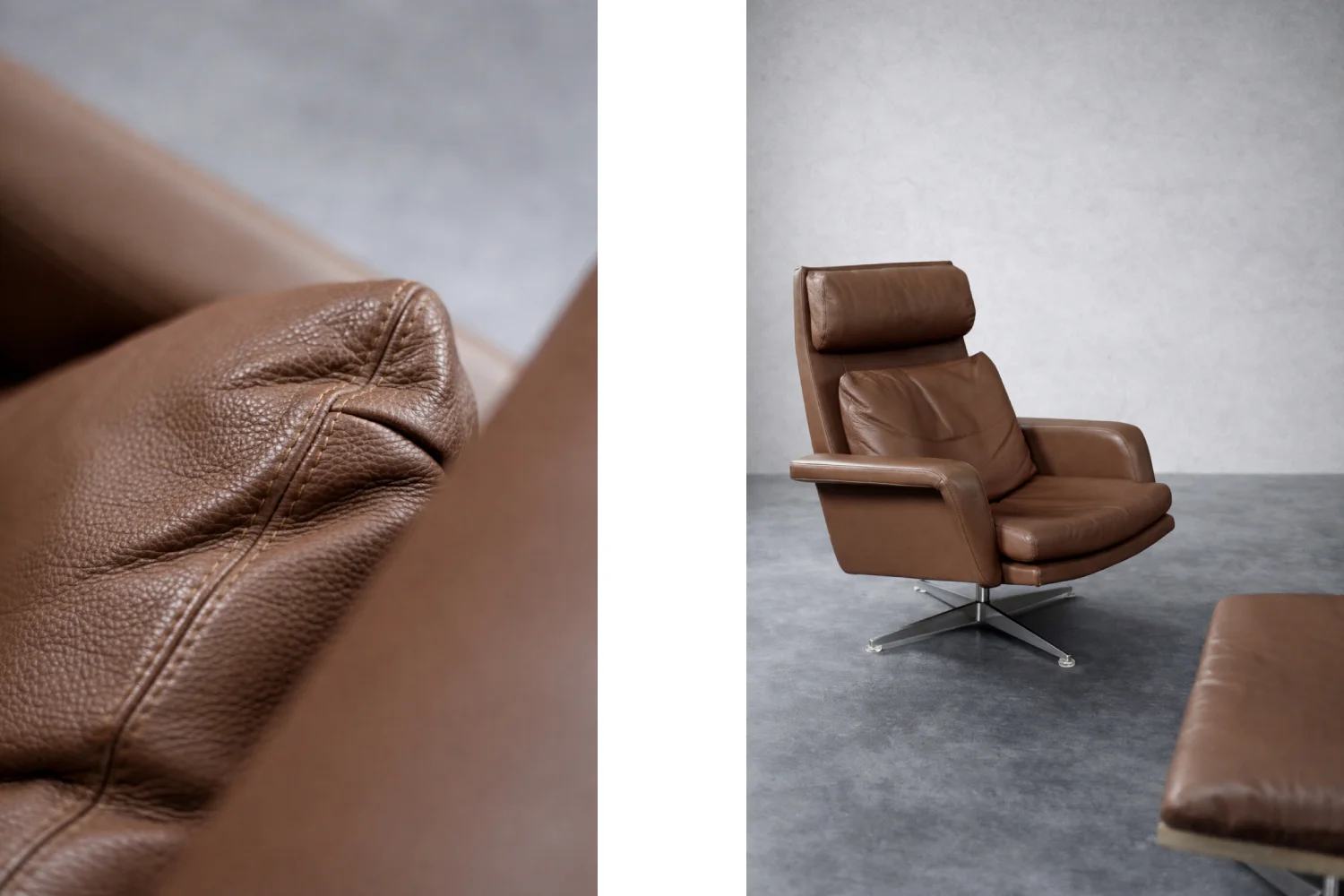 Leather swivel armchair with footstool, Denmark, 1970s