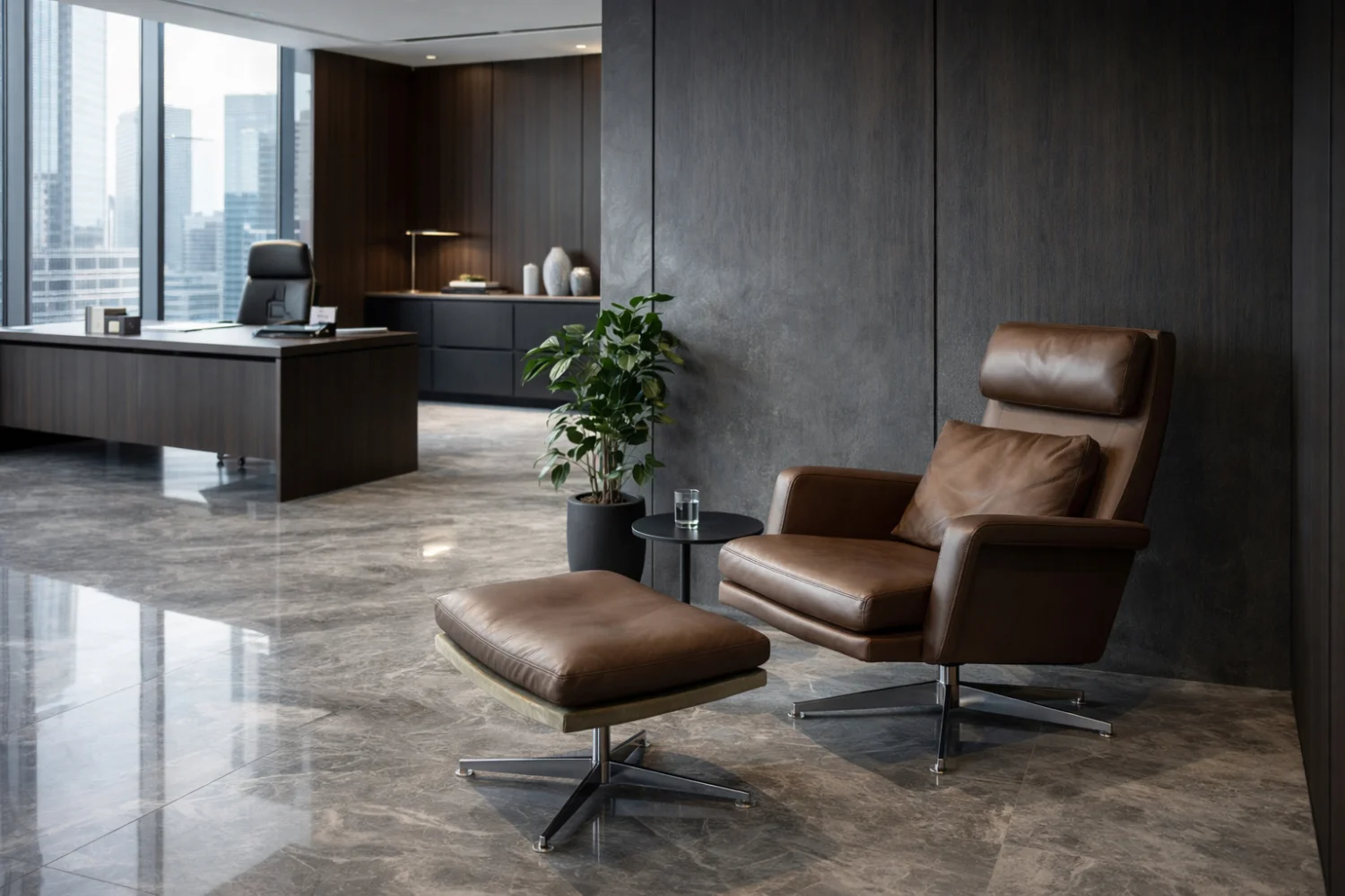 Leather swivel armchair with footstool, Denmark, 1970s