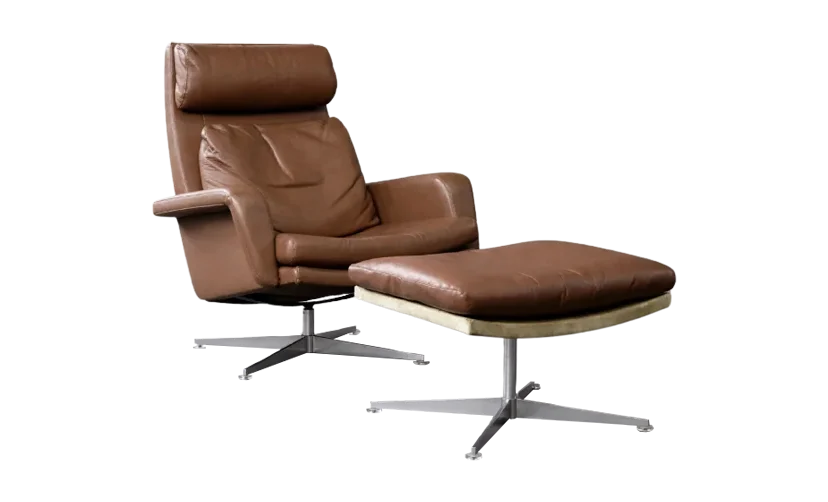 Leather swivel armchair with footstool, Denmark, 1970s