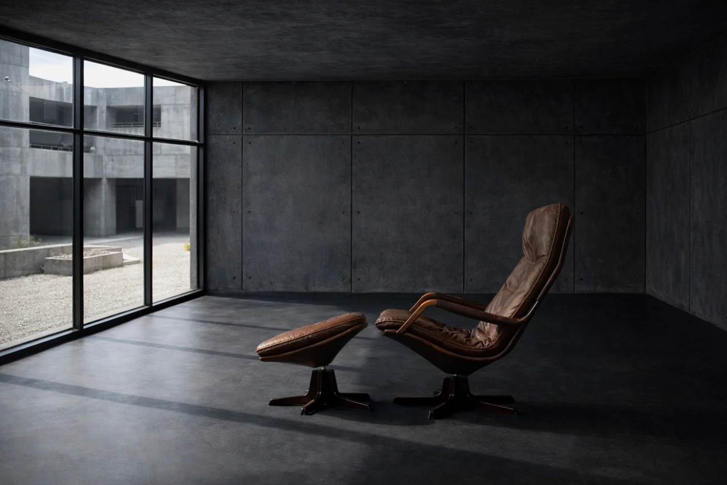 Leather armchair with footstool, Berg Furniture, Denmark, 1970s