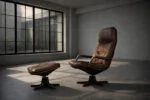 Leather armchair with footstool, Berg Furniture, Denmark, 1970s