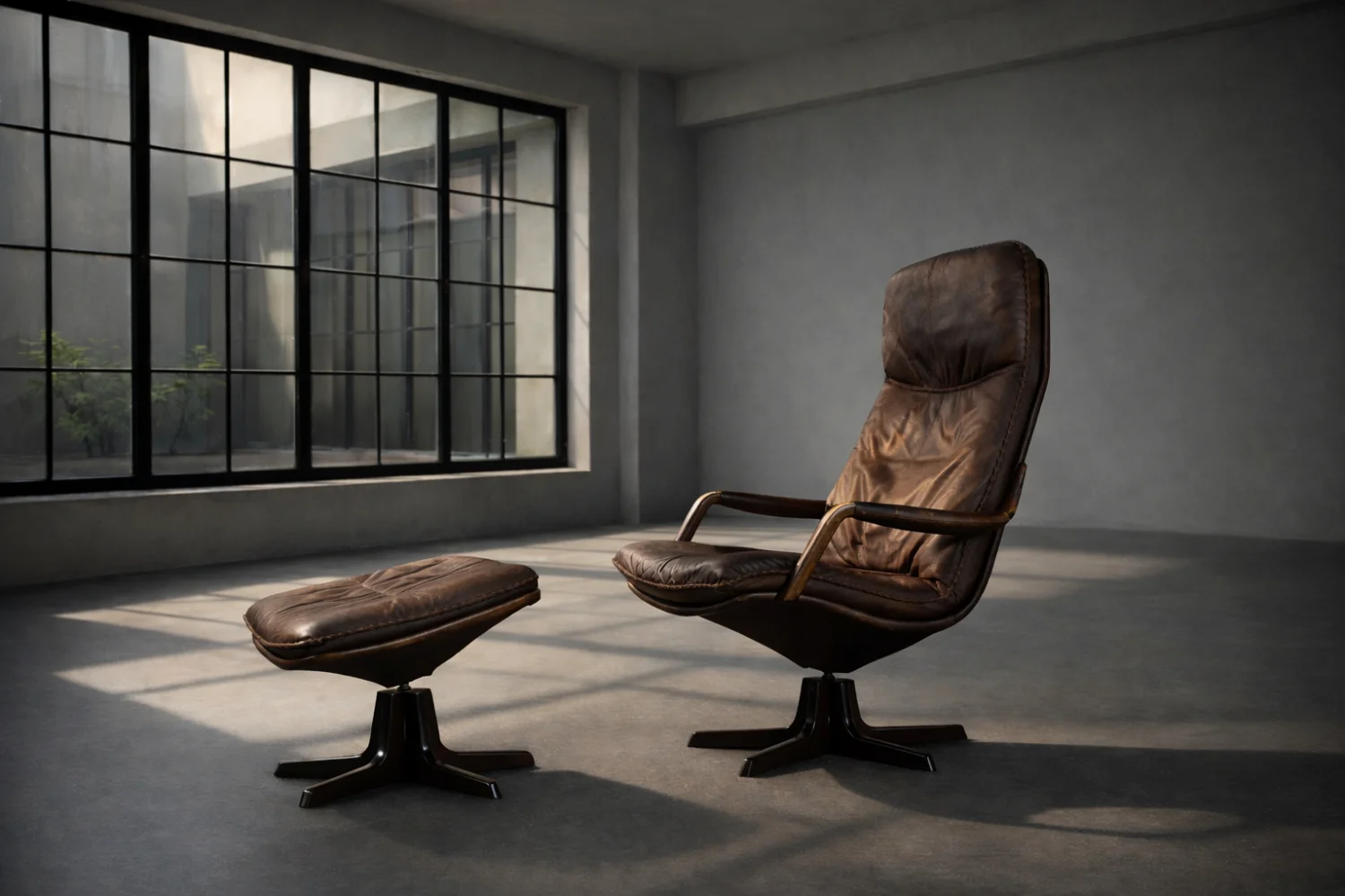 Leather armchair with footstool, Berg Furniture, Denmark, 1970s