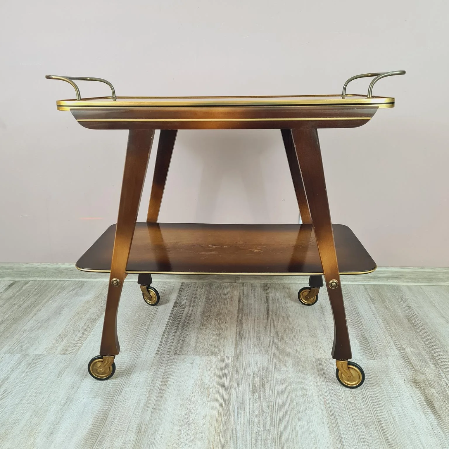Vintage bar cart, wood and brass, 1960s