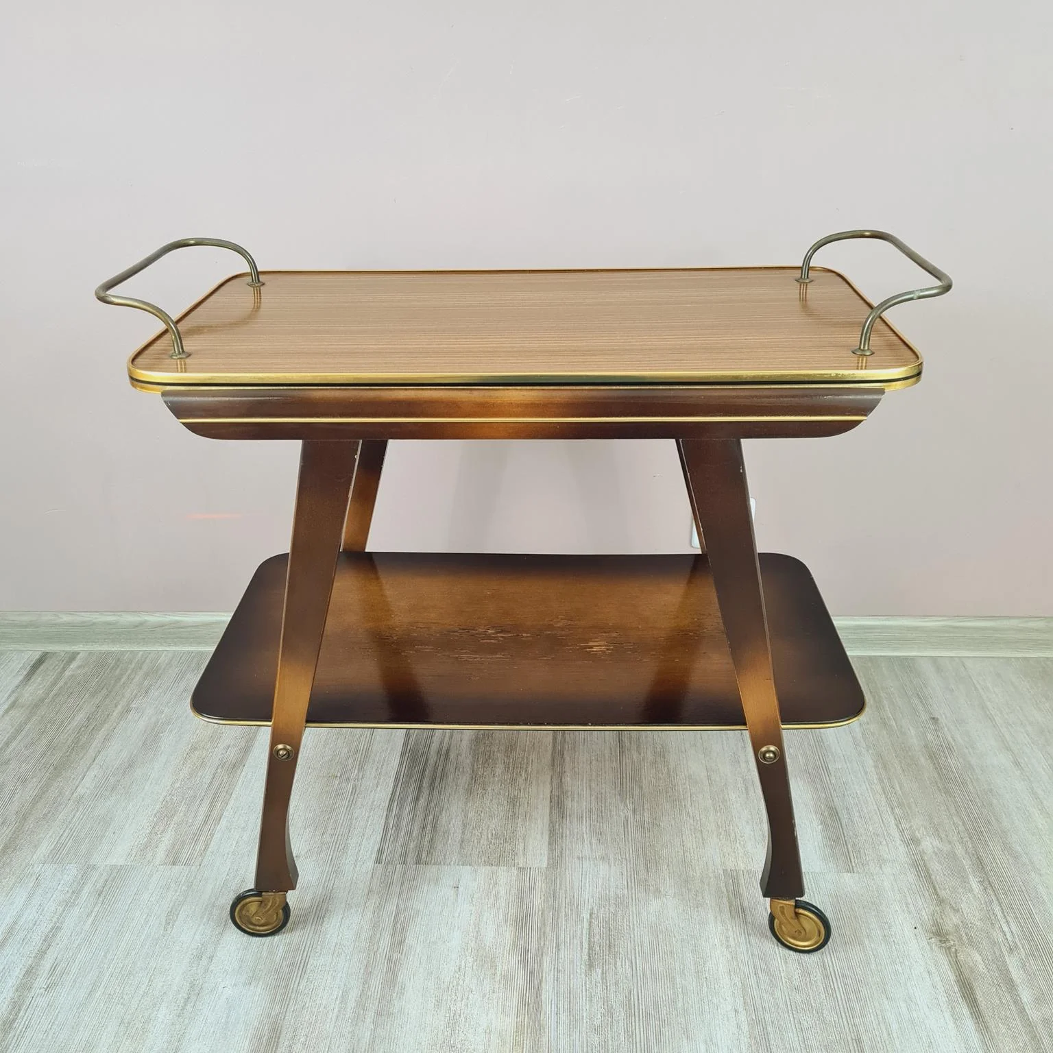 Vintage bar cart, wood and brass, 1960s