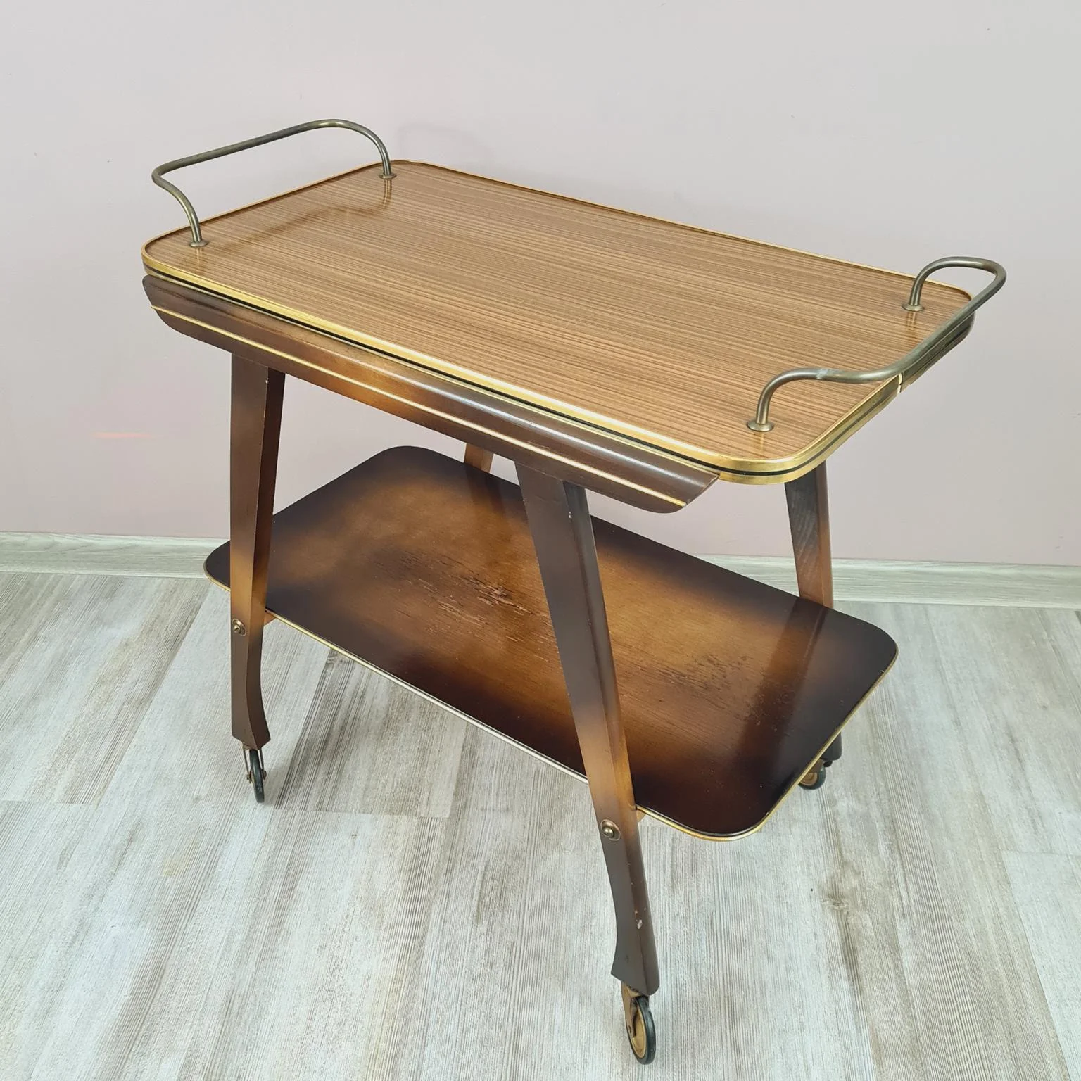 Vintage bar cart, wood and brass, 1960s