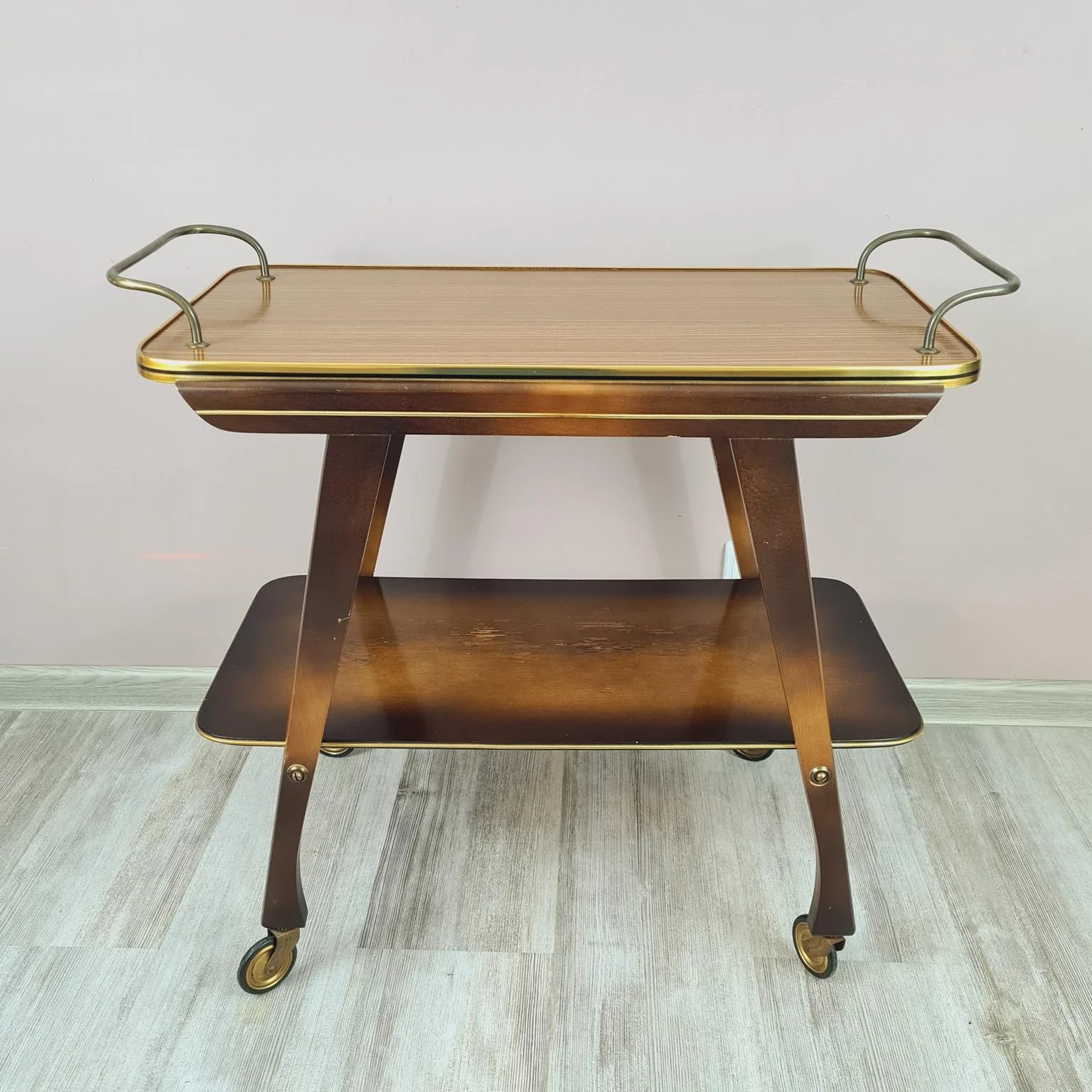 Vintage bar cart, wood and brass, 1960s