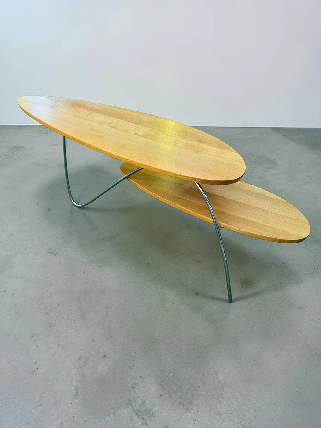 Long vintage wooden and steel coffee table, 1980s