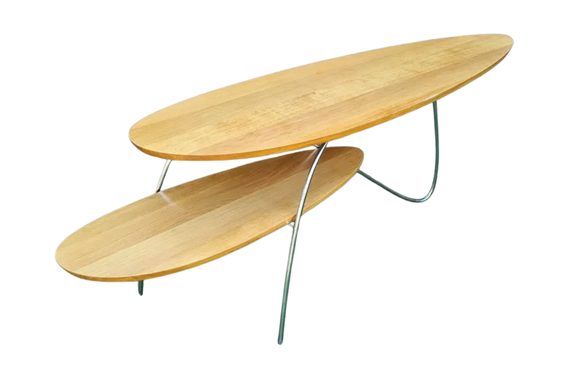 Long vintage wooden and steel coffee table, 1980s