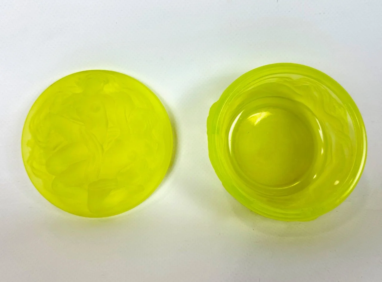 Uranium glass trinket box, Hoffmann & Schlevogt, Czechoslovakia, 1970s