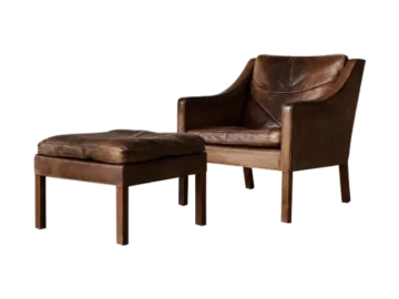 Leather lounge chair with footstool, model 2207, designed by Børge Mogensen, Fredericia, Denmark, 1960s