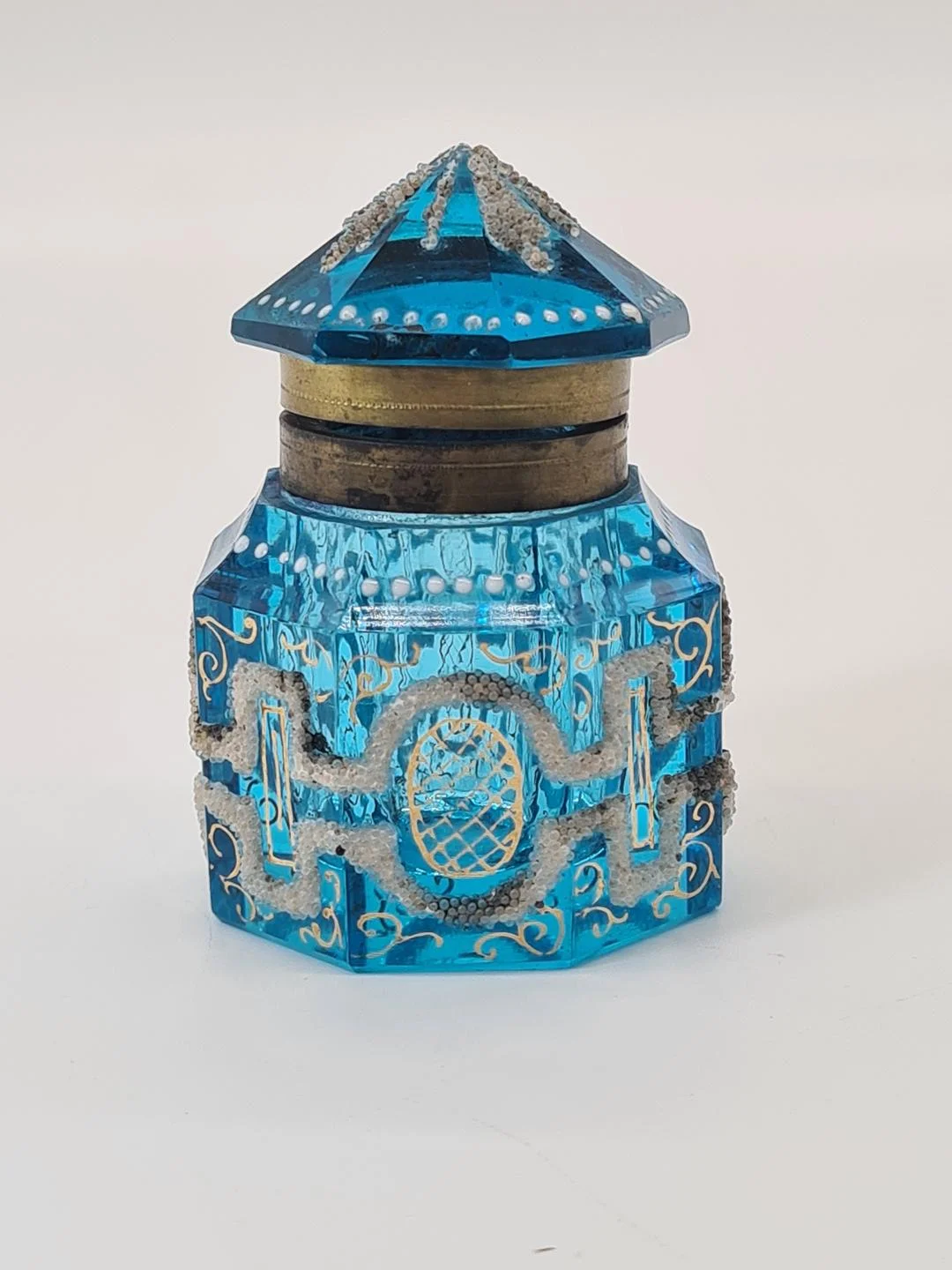 Art Deco Inkwell in Faceted Blue Glass, France, 1920s