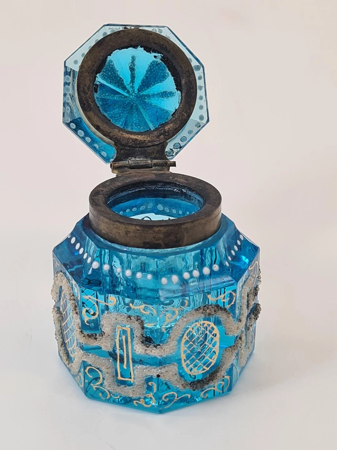 Art Deco Inkwell in Faceted Blue Glass, France, 1920s
