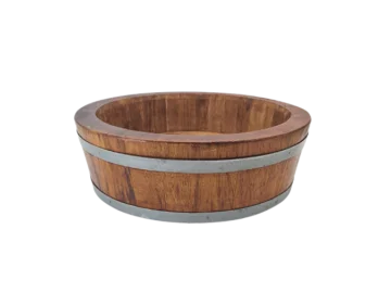 Large antique wooden bowl with metal hoops, 1960s