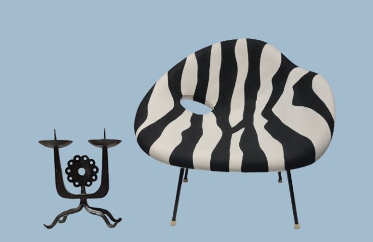 Waldemar Kałużny fotel ,,Zebra”, 1958 świecznik Jan kowalczyk ok1950
